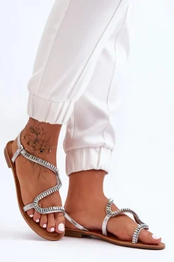 Wsuwane Sandały Damskie Z Ozdobami Srebrne Hayen Damskie Sandały Płaskie