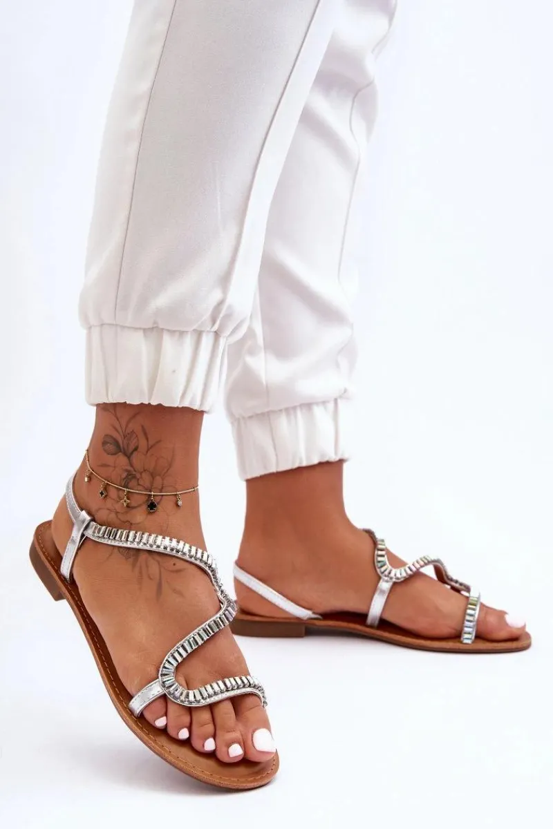 Wsuwane Sandały Damskie Z Ozdobami Srebrne Hayen Damskie Sandały Płaskie