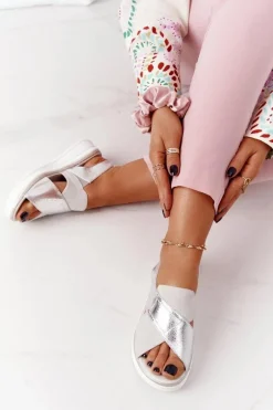 Online Buty Sergio Leone Wsuwane Sandały Na Platformie Sergio Leone SK029 Biało-Srebrne