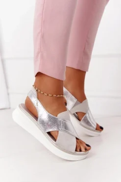 Online Buty Sergio Leone Wsuwane Sandały Na Platformie Sergio Leone SK029 Biało-Srebrne