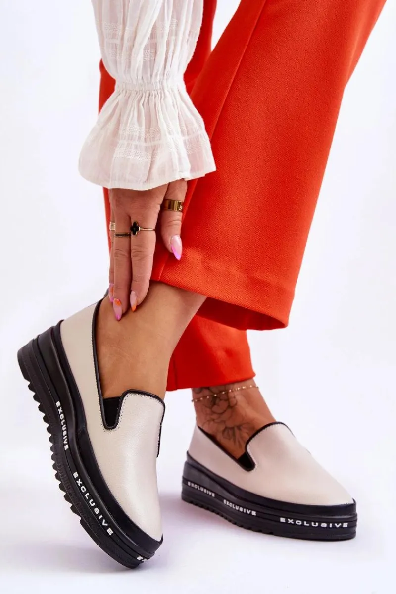 Wsuwane Skórzane Trampki Na Platformie Beżowe Madeline Damskie Trampki Damskie Slip-On|Trampki Damskie Niskie