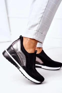 Discount Wsuwane Sneakersy Na Koturnie Vinceza 10593 Czarno-Srebrne Damskie Sneakersy Damskie