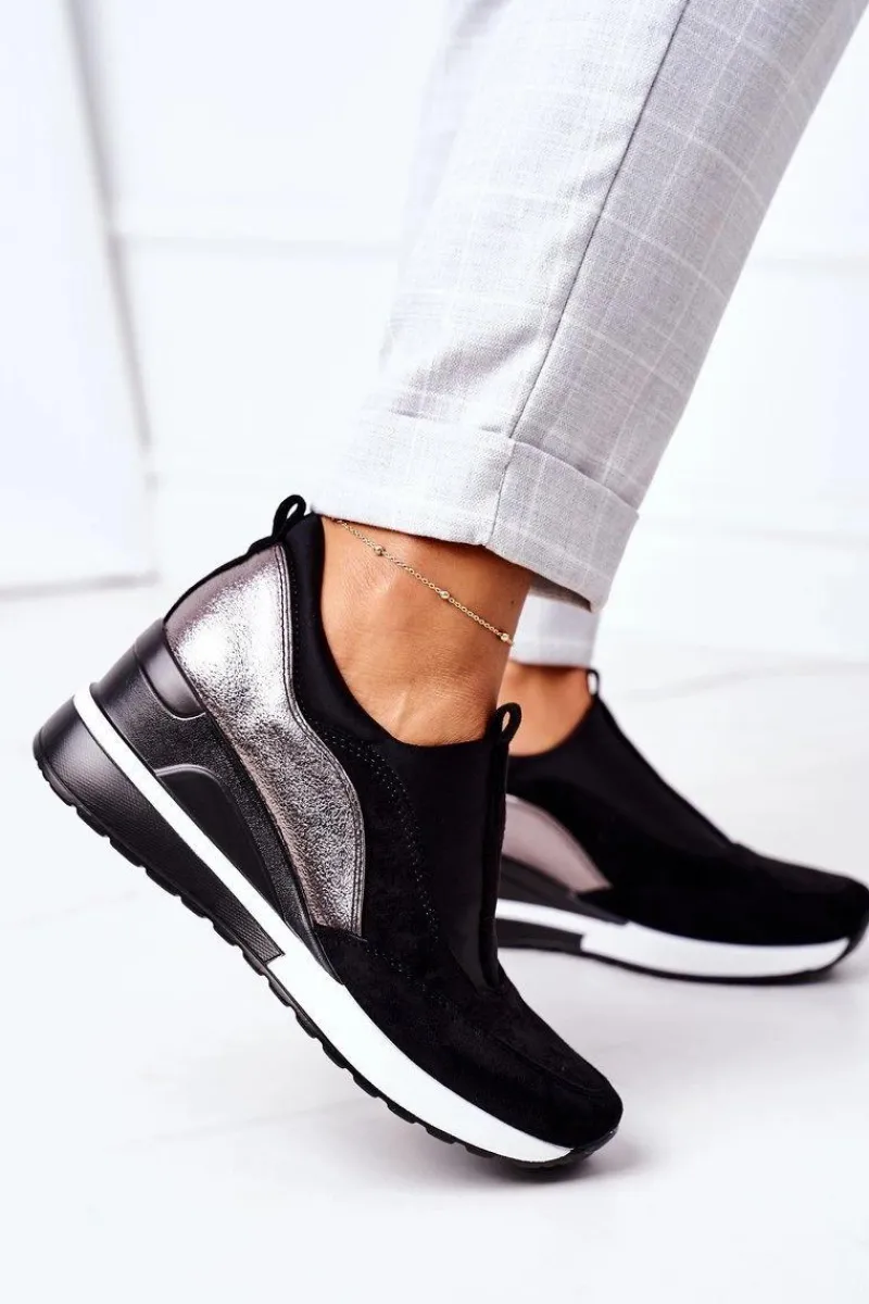 Discount Wsuwane Sneakersy Na Koturnie Vinceza 10593 Czarno-Srebrne Damskie Sneakersy Damskie