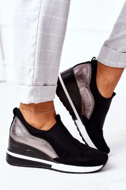 Discount Wsuwane Sneakersy Na Koturnie Vinceza 10593 Czarno-Srebrne Damskie Sneakersy Damskie