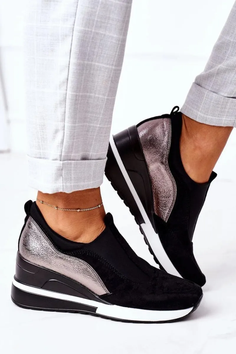 Discount Wsuwane Sneakersy Na Koturnie Vinceza 10593 Czarno-Srebrne Damskie Sneakersy Damskie