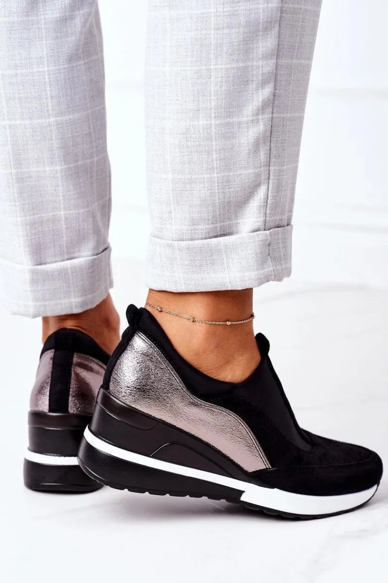 Discount Wsuwane Sneakersy Na Koturnie Vinceza 10593 Czarno-Srebrne Damskie Sneakersy Damskie