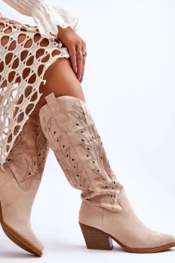 Discount Wsuwane Zamszowe Ażurowe Kozaki Beżowe Elavi Damskie Kozaki Ażurowe|Kozaki Przed Kolano