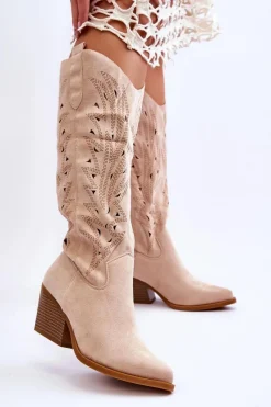Discount Wsuwane Zamszowe Ażurowe Kozaki Beżowe Elavi Damskie Kozaki Ażurowe|Kozaki Przed Kolano