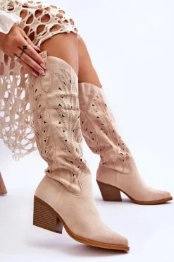 Discount Wsuwane Zamszowe Ażurowe Kozaki Beżowe Elavi Damskie Kozaki Ażurowe|Kozaki Przed Kolano