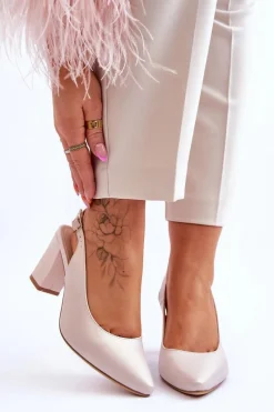 Outlet Buty Sergio Leone Wygodne Czółenka Na Słupku Sergio Leone SK162 Perłowe Beżowe