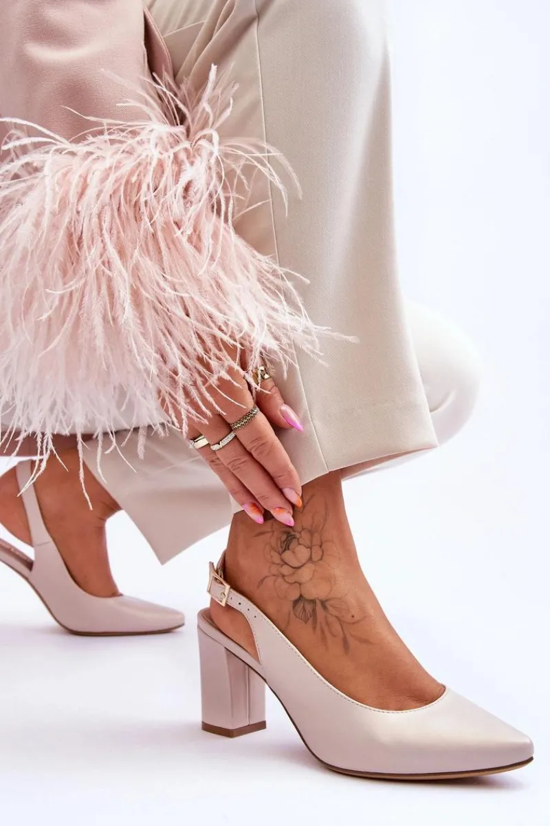 Outlet Buty Sergio Leone Wygodne Czółenka Na Słupku Sergio Leone SK162 Perłowe Beżowe