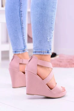 Clearance Boto Wygodne Damskie Sandały Koturny Mirabet Pudrowy Róż