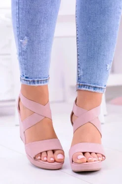 Clearance Boto Wygodne Damskie Sandały Koturny Mirabet Pudrowy Róż
