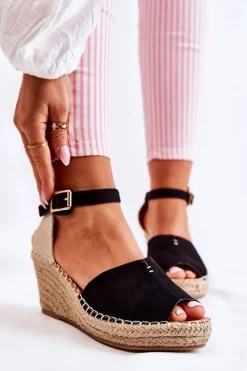 Discount Evento Wygodne Damskie Sandały Na Koturnie Czarne Dellia