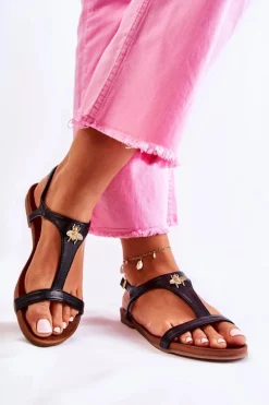 New Damskie buty S.Barski Wygodne Damskie Sandały Z Ozdobą Czarne Sabrine