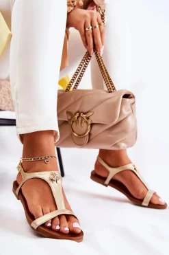 Sandały Płaskie>Damskie buty S.Barski Wygodne Damskie Sandały Z Ozdobą Złote Sabrine