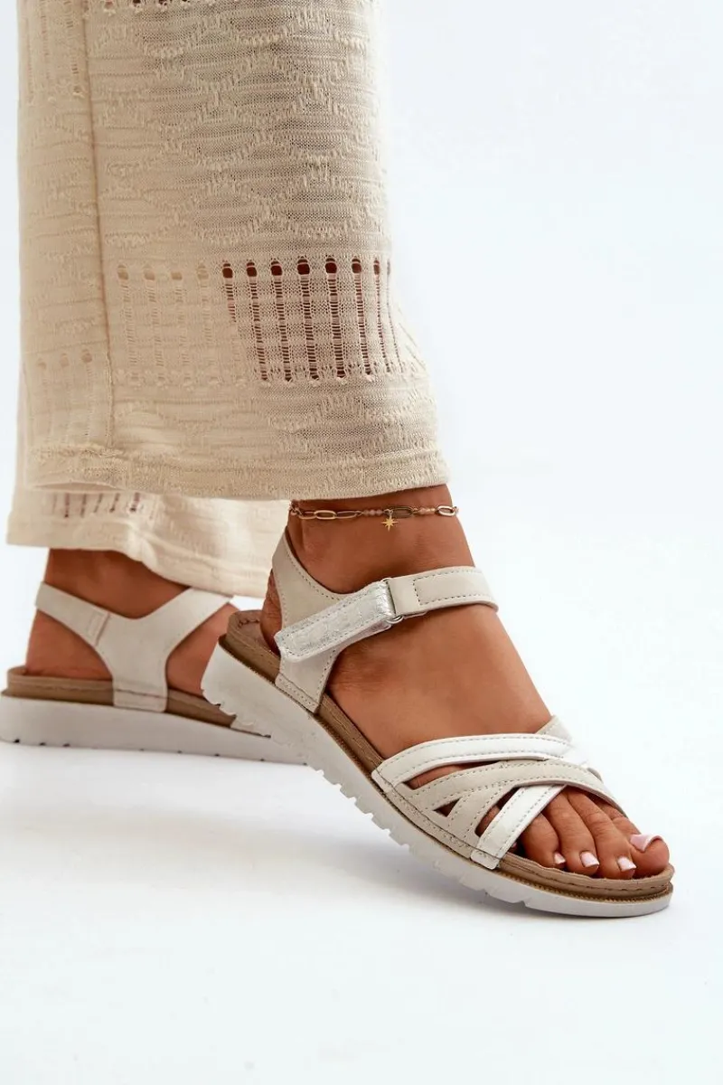 Sandały Na Koturnie|Sandały Płaskie>INBLU Wygodne I Lekkie Sandały Damskie Na Rzep CN000041 Beżowo-Srebrne