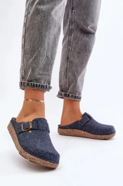 Kapcie Klasyczne|Klapki Damskie Klasyczne>INBLU Wygodne Kapcie Damskie Z Klamrą ED000019 Granatowe