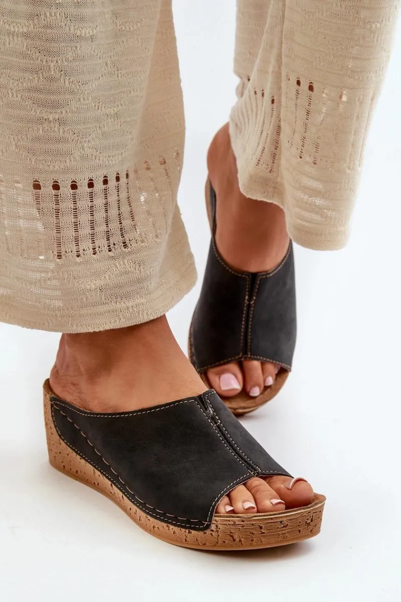 Outlet Wygodne Klapki Damskie Na Koturnie NG000002 Czarne Damskie Klapki Na Obcasie|Klapki Na Koturnie