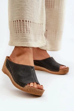 Outlet Wygodne Klapki Damskie Na Koturnie NG000002 Czarne Damskie Klapki Na Obcasie|Klapki Na Koturnie