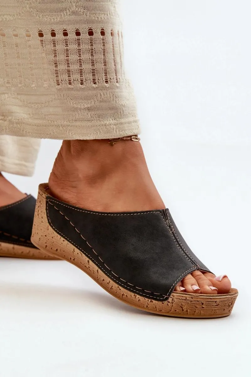 Outlet Wygodne Klapki Damskie Na Koturnie NG000002 Czarne Damskie Klapki Na Obcasie|Klapki Na Koturnie