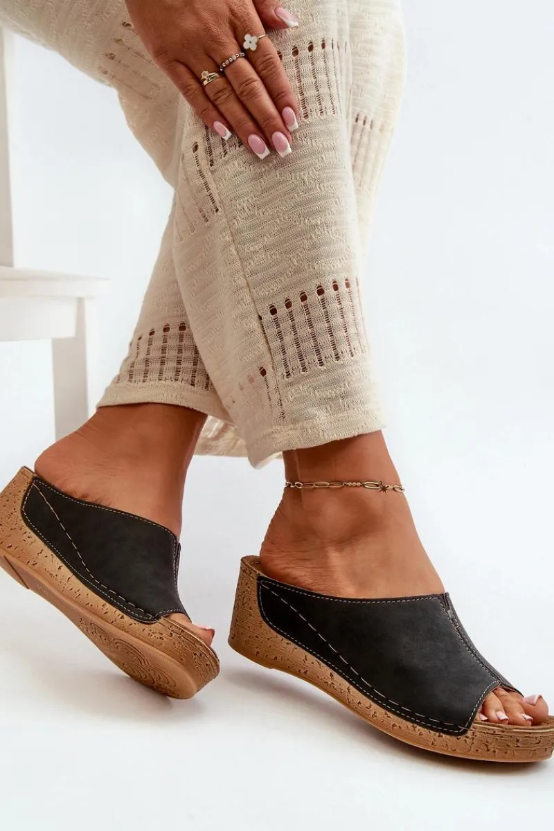 Outlet Wygodne Klapki Damskie Na Koturnie NG000002 Czarne Damskie Klapki Na Obcasie|Klapki Na Koturnie