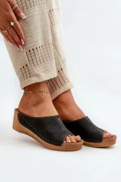 Outlet Wygodne Klapki Damskie Na Koturnie NG000002 Czarne Damskie Klapki Na Obcasie|Klapki Na Koturnie