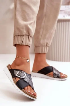 INBLU Wygodne Klapki Damskie Z Klamrą CN000032 Czarne Czarny