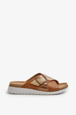 Outlet INBLU Wygodne Klapki Damskie Z Klamrą CN000032 Camel