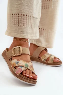 New Wygodne Klapki Damskie Z Klamrą W Kwiaty GS000051 Brązowe Damskie Klapki Damskie Klasyczne