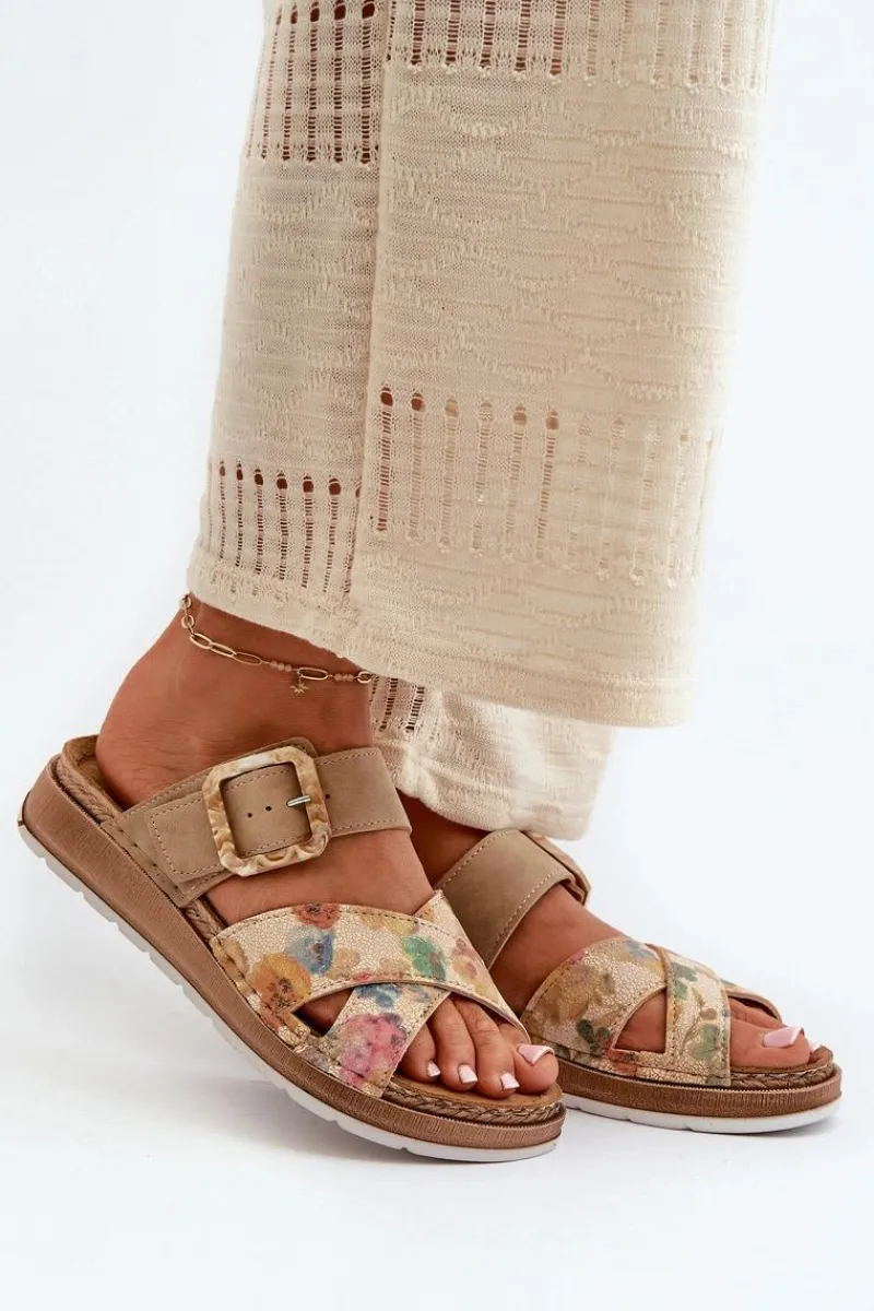 New Wygodne Klapki Damskie Z Klamrą W Kwiaty GS000051 Brązowe Damskie Klapki Damskie Klasyczne