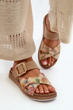 New Wygodne Klapki Damskie Z Klamrą W Kwiaty GS000051 Brązowe Damskie Klapki Damskie Klasyczne