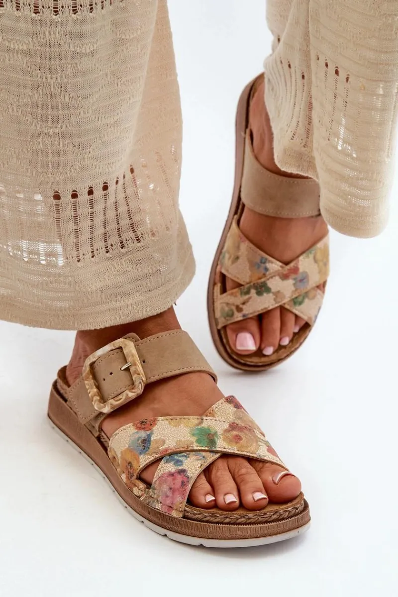 New Wygodne Klapki Damskie Z Klamrą W Kwiaty GS000051 Brązowe Damskie Klapki Damskie Klasyczne