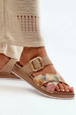 New Wygodne Klapki Damskie Z Klamrą W Kwiaty GS000051 Brązowe Damskie Klapki Damskie Klasyczne