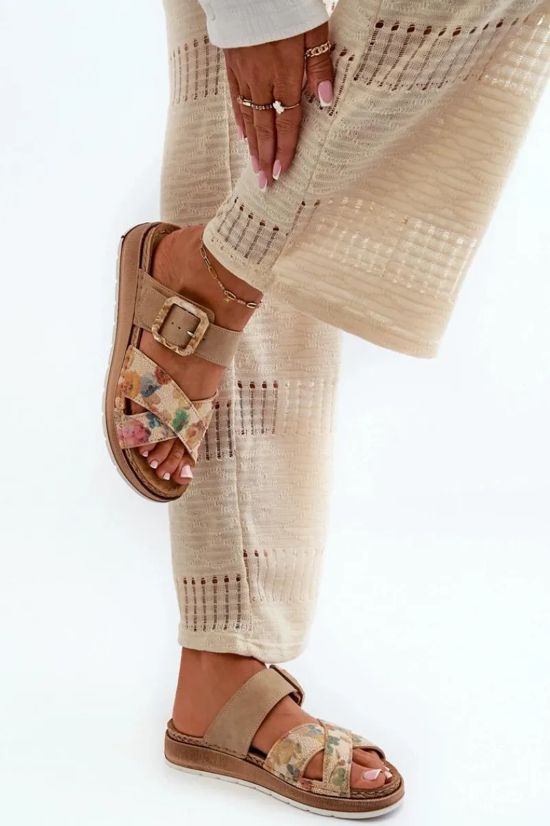 New Wygodne Klapki Damskie Z Klamrą W Kwiaty GS000051 Brązowe Damskie Klapki Damskie Klasyczne