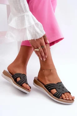 INBLU Wygodne Klapki Damskie Z Cyrkoniami BV000037 Czarne Czarny