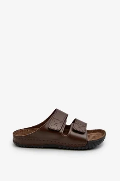 Klapki Męskie Klasyczne>INBLU Wygodne Klapki Męskie Z Paskami Na Rzepy FM00001U Ciemnobrązowe Brązowy