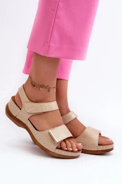 Sale Wygodne Sandały Damskie Na Rzep Beżowe Iphiope Damskie Sandały Na Koturnie|Sandały Płaskie