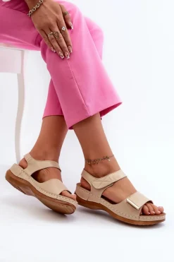 Sale Wygodne Sandały Damskie Na Rzep Beżowe Iphiope Damskie Sandały Na Koturnie|Sandały Płaskie