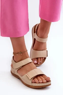 Sale Wygodne Sandały Damskie Na Rzep Beżowe Iphiope Damskie Sandały Na Koturnie|Sandały Płaskie