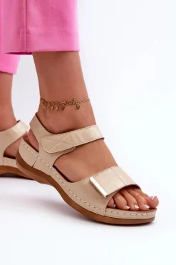 Sale Wygodne Sandały Damskie Na Rzep Beżowe Iphiope Damskie Sandały Na Koturnie|Sandały Płaskie