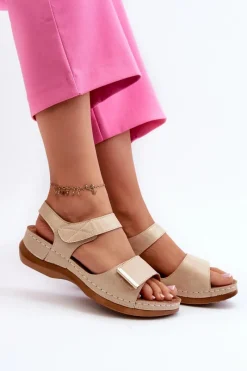 Sale Wygodne Sandały Damskie Na Rzep Beżowe Iphiope Damskie Sandały Na Koturnie|Sandały Płaskie