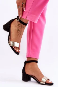 Sandały Na Obcasie>Evento Wygodne Sandały Na Niskim Obcasie Czarno-Złote Layna