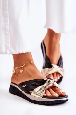 Clearance Evento Wygodne Skórzane Damskie Klapki Czarno-Złote Neyla