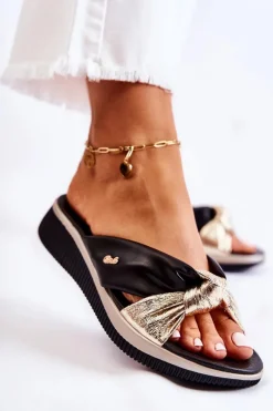 Clearance Evento Wygodne Skórzane Damskie Klapki Czarno-Złote Neyla