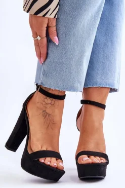 Hot Wygodne Zamszowe Sandały Na Wysokim Słupku Czarne Essence Damskie Sandały Na Słupku|Sandały Na Obcasie