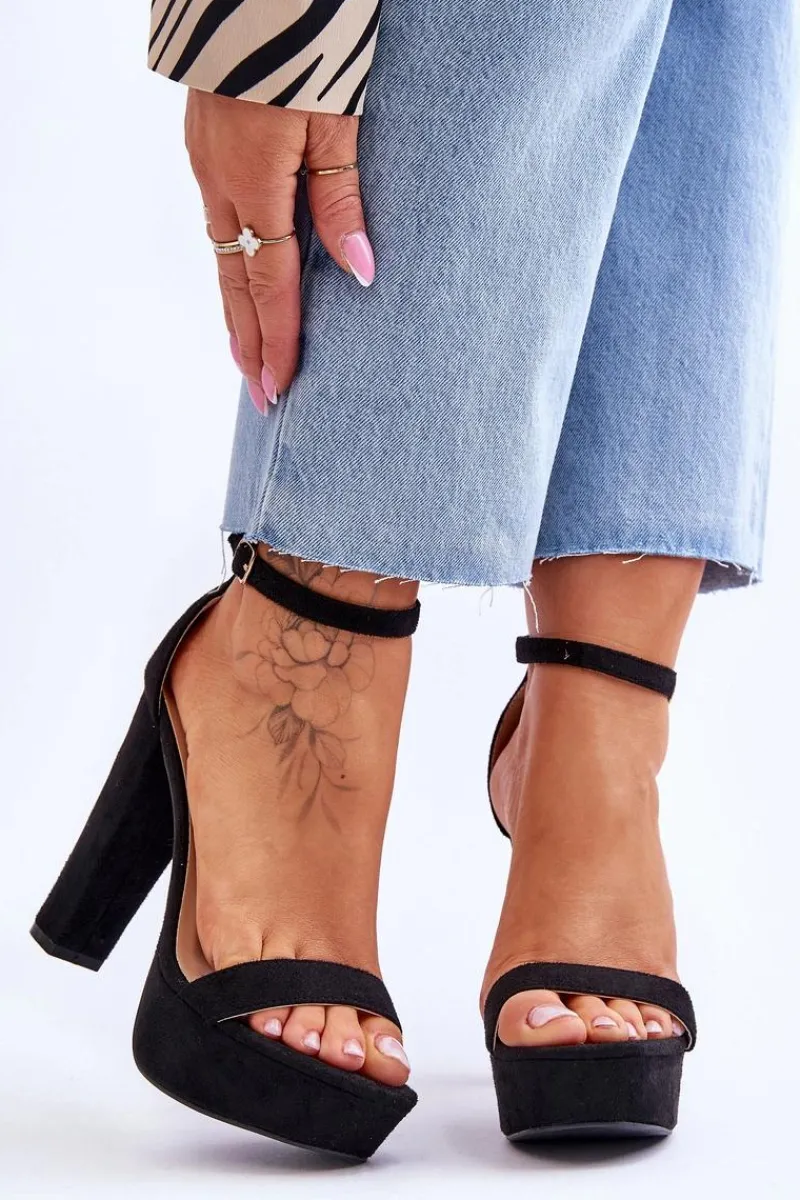 Hot Wygodne Zamszowe Sandały Na Wysokim Słupku Czarne Essence Damskie Sandały Na Słupku|Sandały Na Obcasie