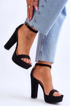 Hot Wygodne Zamszowe Sandały Na Wysokim Słupku Czarne Essence Damskie Sandały Na Słupku|Sandały Na Obcasie
