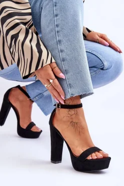 Hot Wygodne Zamszowe Sandały Na Wysokim Słupku Czarne Essence Damskie Sandały Na Słupku|Sandały Na Obcasie