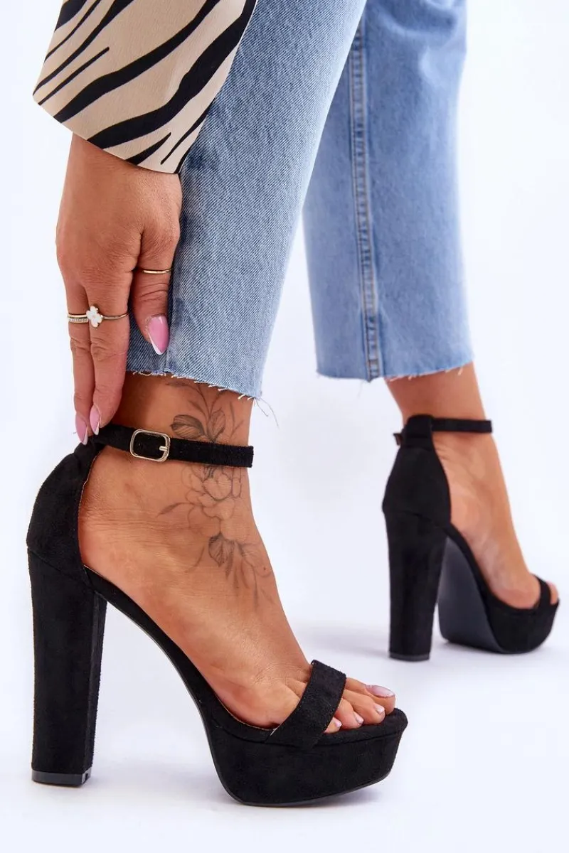 Hot Wygodne Zamszowe Sandały Na Wysokim Słupku Czarne Essence Damskie Sandały Na Słupku|Sandały Na Obcasie